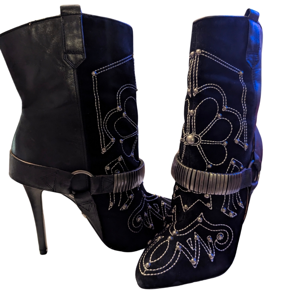 Buffalo London Womens Black Leather Suede Biker Ankle Stiletto Boots Sz 6.5/37